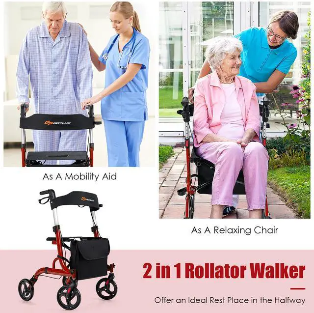 Alt view image 4 of 7 - Costway Rollator Walker w/ Seat, Folding Aluminum Rolling Walker w/ 8-inch Wheels, Red
