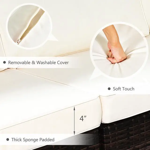 Alt view image 4 of 7 - Costway 7PCS Patio Rattan Furniture Set Fire Pit Table Cover Cushion Off White