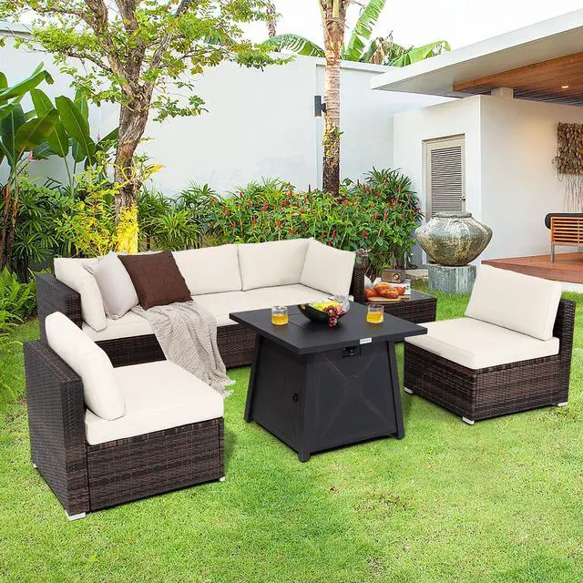 Main image of Costway 7PCS Patio Rattan Furniture Set Fire Pit Table Cover Cushion Off White