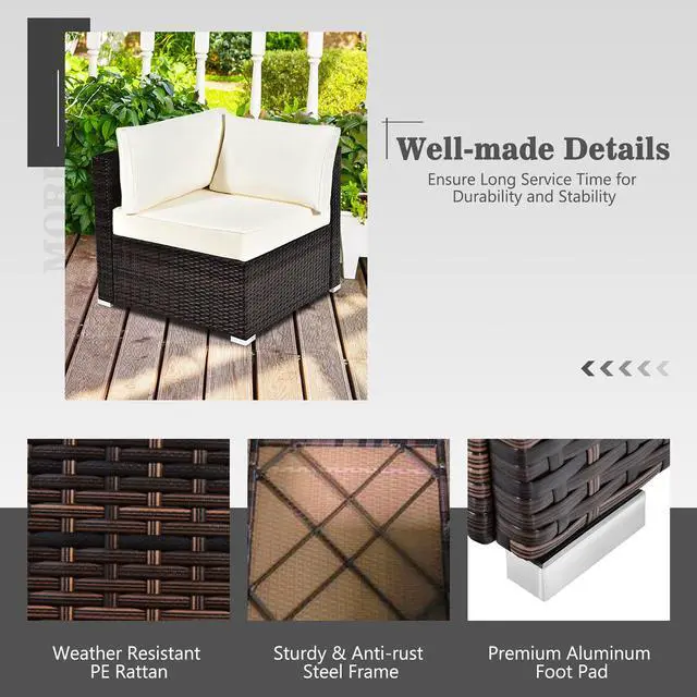 Alt view image 5 of 7 - Costway 7PCS Patio Rattan Furniture Set Fire Pit Table Cover Cushion Off White
