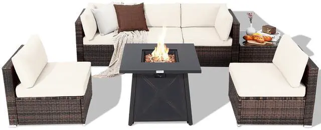 Alt view image 2 of 7 - Costway 7PCS Patio Rattan Furniture Set Fire Pit Table Cover Cushion Off White
