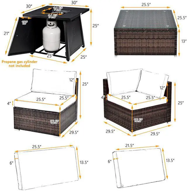 Alt view image 3 of 7 - Costway 7PCS Patio Rattan Furniture Set Fire Pit Table Cover Cushion Off White