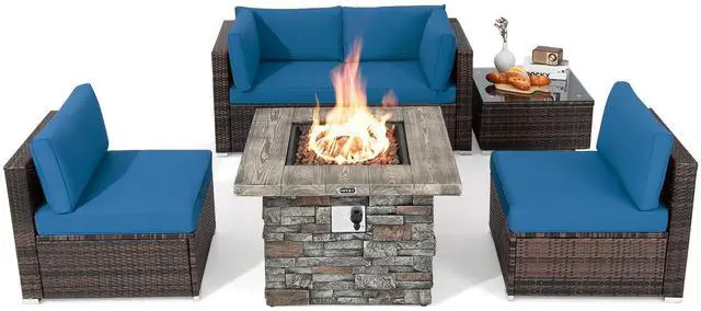 Alt view image 2 of 7 - Costway 6 PCS Patio Wicker Furniture Set 34.5'' Fire Pit Table W/Cover Navy Blue