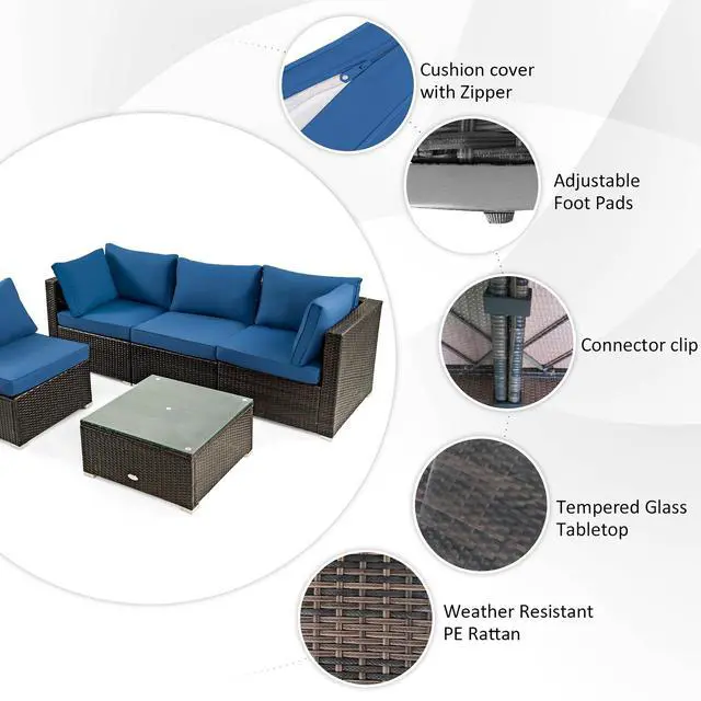 Alt view image 7 of 7 - Costway 6 PCS Patio Wicker Furniture Set 34.5'' Fire Pit Table W/Cover Navy Blue