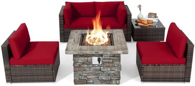 Alt view image 2 of 7 - Costway 6 PCS Patio Wicker Furniture Set 34.5'' Fire Pit Table W/Cover Red