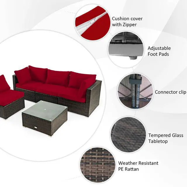 Alt view image 7 of 7 - Costway 6 PCS Patio Wicker Furniture Set 34.5'' Fire Pit Table W/Cover Red