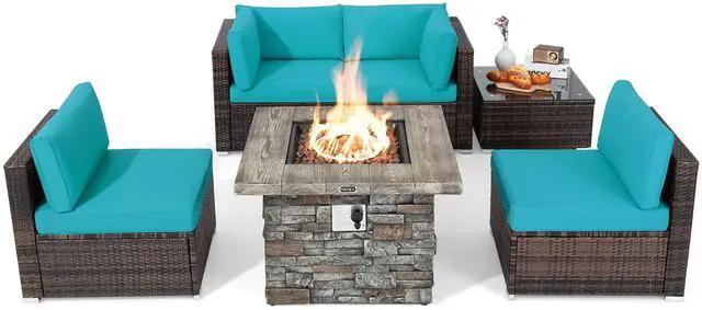 Alt view image 2 of 7 - Costway 6 PCS Patio Wicker Furniture Set 34.5'' Fire Pit Table W/Cover Turquoise