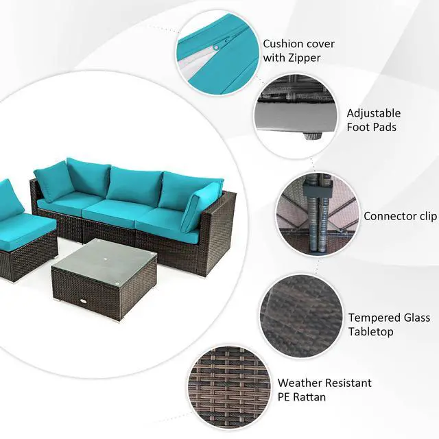 Alt view image 7 of 7 - Costway 6 PCS Patio Wicker Furniture Set 34.5'' Fire Pit Table W/Cover Turquoise