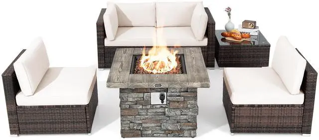 Alt view image 2 of 7 - Costway 6 PCS Patio Wicker Furniture Set 34.5'' Fire Pit Table W/Cover Off White