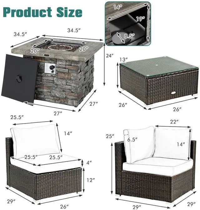 Alt view image 3 of 7 - Costway 6 PCS Patio Wicker Furniture Set 34.5'' Fire Pit Table W/Cover Off White