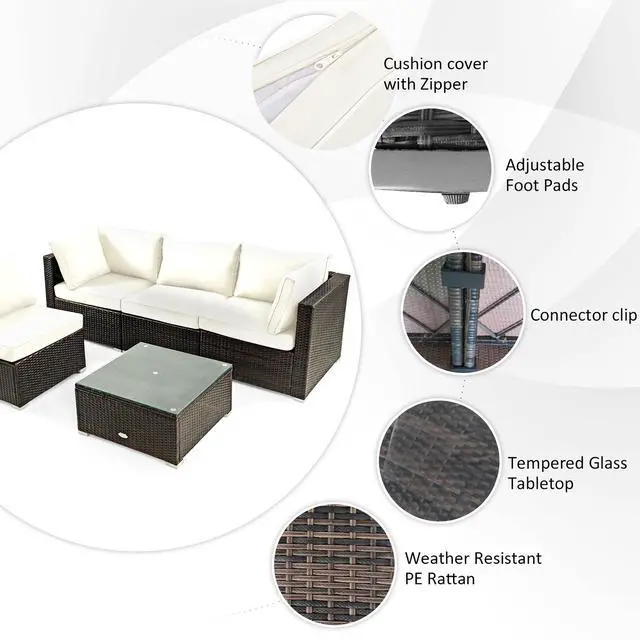 Alt view image 7 of 7 - Costway 6 PCS Patio Wicker Furniture Set 34.5'' Fire Pit Table W/Cover Off White