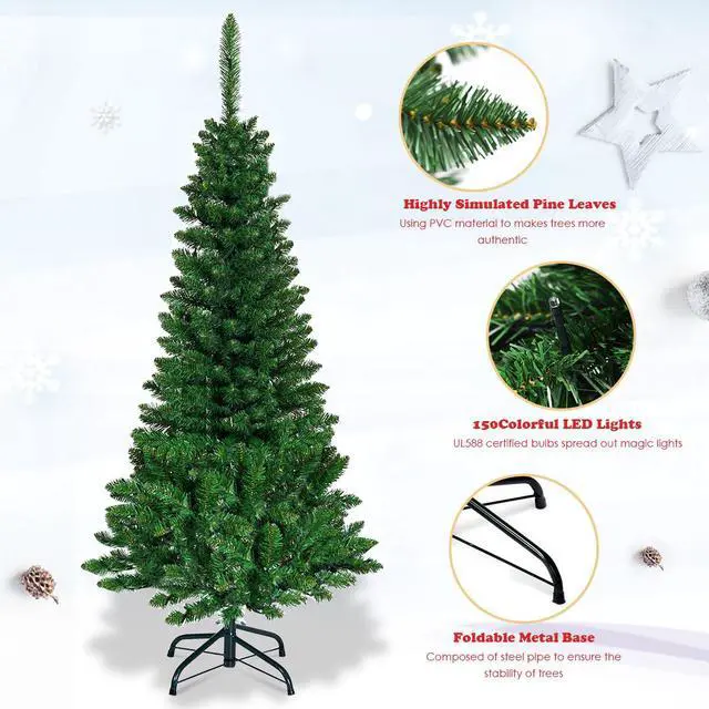 Alt view image 7 of 7 - Costway 4.5ft Pre-Lit Hinged Fir Pencil Christmas Tree 150 Multicolor Light