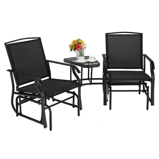 Alt view image 3 of 7 - Costway Double Swing Glider Chair Rocker Glass Table Umbrella Hole Black