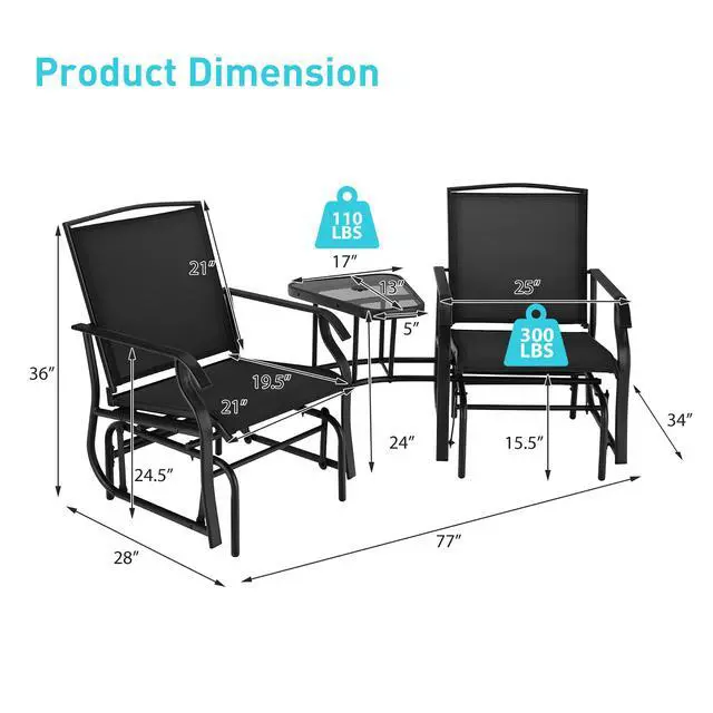 Alt view image 4 of 7 - Costway Double Swing Glider Chair Rocker Glass Table Umbrella Hole Black