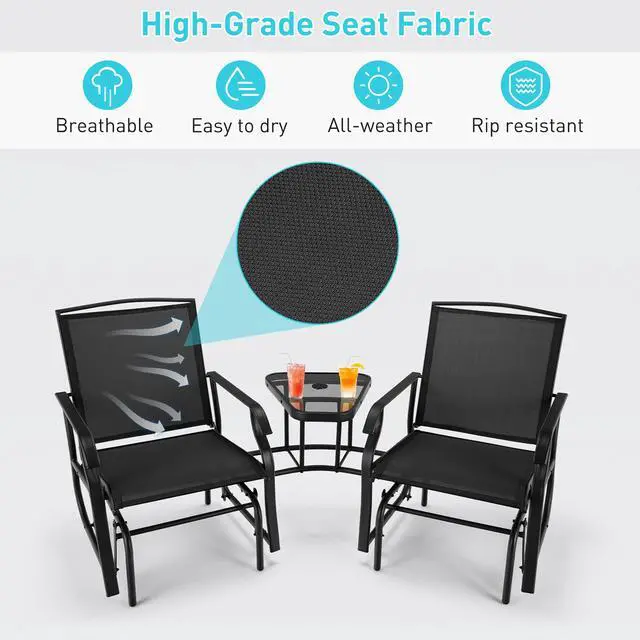Alt view image 5 of 7 - Costway Double Swing Glider Chair Rocker Glass Table Umbrella Hole Black