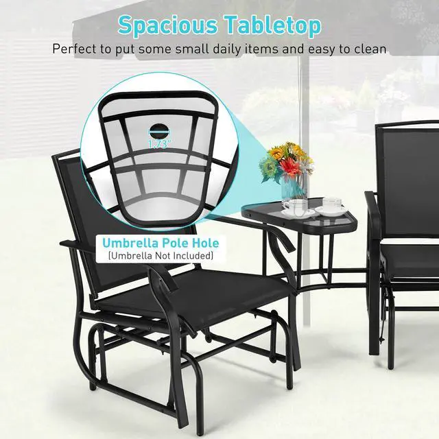 Alt view image 7 of 7 - Costway Double Swing Glider Chair Rocker Glass Table Umbrella Hole Black