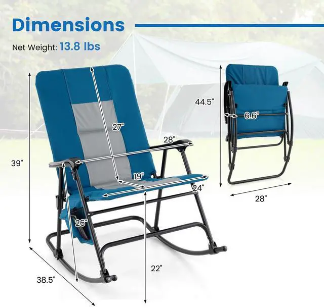 Alt view image 3 of 7 - Costway Oversized Folding Rocking Chair with Metal Frame Armrests Side Pocket for Backyard