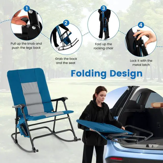 Alt view image 6 of 7 - Costway Oversized Folding Rocking Chair with Metal Frame Armrests Side Pocket for Backyard