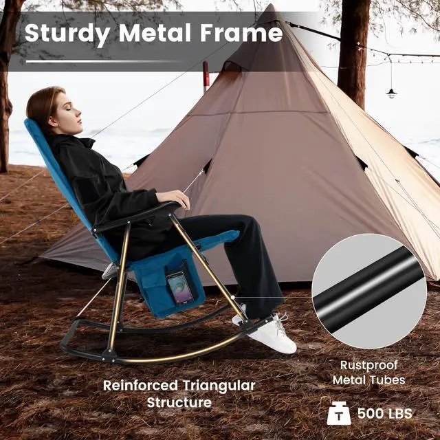 Alt view image 7 of 7 - Costway Oversized Folding Rocking Chair with Metal Frame Armrests Side Pocket for Backyard