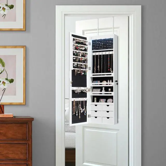 Alt view image 3 of 14 - Wall Door Mounted LED Mirror Jewelry Cabinet Lockable Armoire w/6 Drawers White