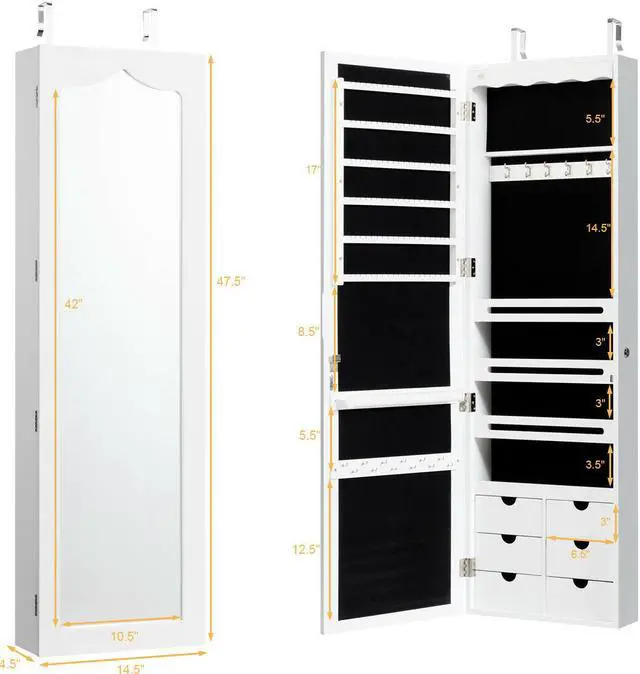 Alt view image 2 of 14 - Wall Door Mounted LED Mirror Jewelry Cabinet Lockable Armoire w/6 Drawers White