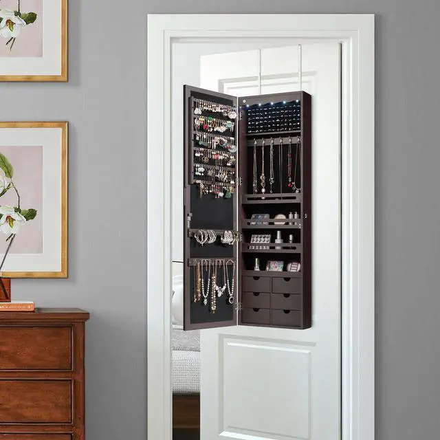 Alt view image 3 of 13 - Wall Door Mounted LED Mirror Jewelry Cabinet Lockable Armoire w/ 6 Drawers Brown