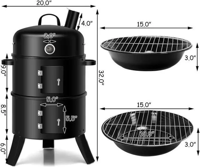 Alt view image 2 of 7 - 3-in-1 Portable Round Charcoal Smoker Vertical BBQ Grill Built-in Thermometer