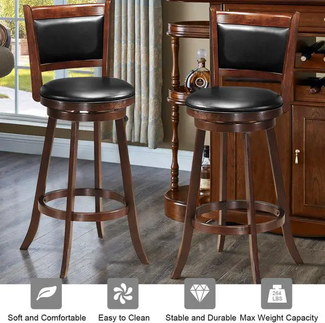 Alt view image 4 of 14 - Costway Set of 2 29'' Swivel Bar Height Stool Wood Dining Chair Upholstered Seat Panel Back Espresso