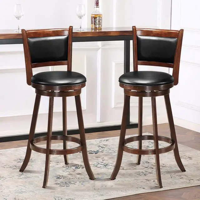Alt view image 7 of 14 - Costway Set of 2 29'' Swivel Bar Height Stool Wood Dining Chair Upholstered Seat Panel Back Espresso