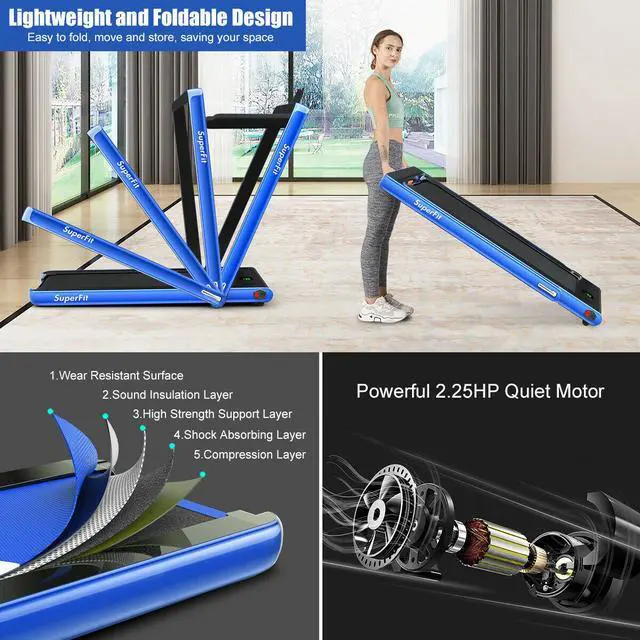 Alt view image 6 of 6 - 2.25HP 2 in 1 Folding Treadmill W/Bluetooth Speaker Remote Control Home Gym Blue
