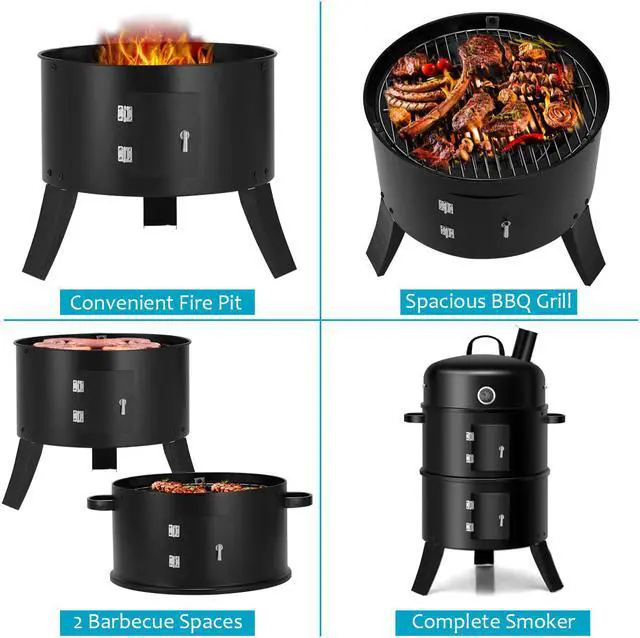 Alt view image 6 of 7 - 3-in-1 Portable Round Charcoal Smoker Vertical BBQ Grill Built-in Thermometer