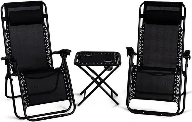 Alt view image 3 of 7 - 3PC Zero Gravity Reclining Lounge Chairs Pillows Table Portable Folding Black