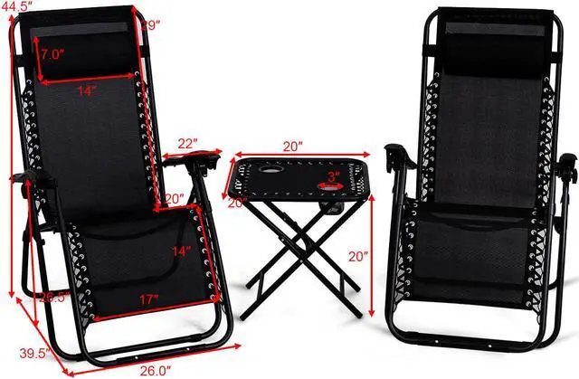 Alt view image 5 of 7 - 3PC Zero Gravity Reclining Lounge Chairs Pillows Table Portable Folding Black