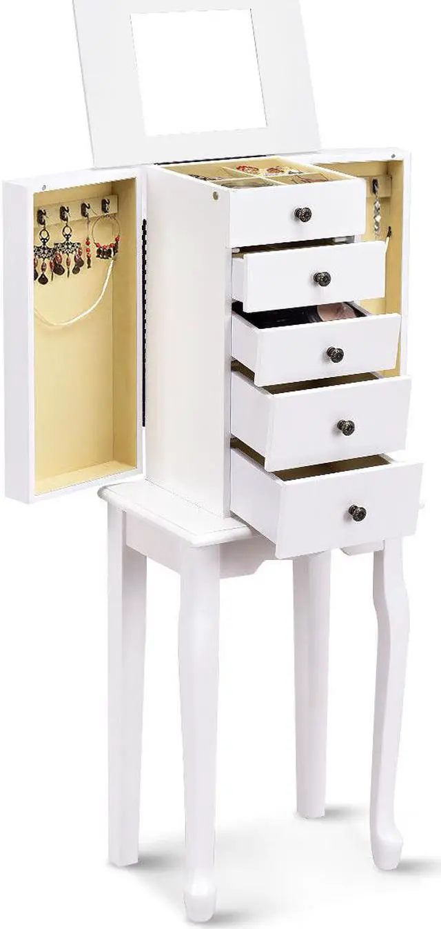 Main image of Jewelry Cabinet Armoire Storage Chest Stand Organizer Christmas w/ Mirror White