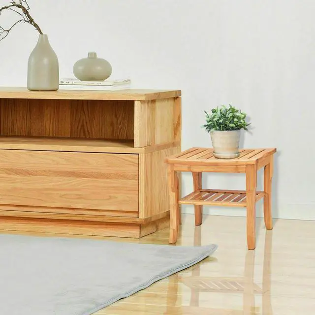 Alt view image 4 of 7 - Shower Seat Bench Bamboo Bathroom Spa Bath Organizer Stool with Storage Shelf