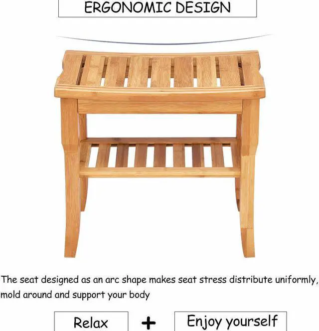 Alt view image 6 of 7 - Shower Seat Bench Bamboo Bathroom Spa Bath Organizer Stool with Storage Shelf