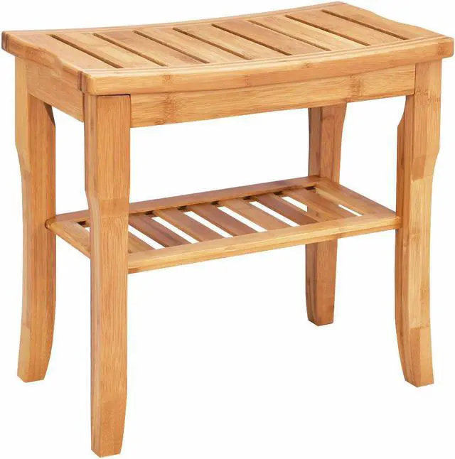Alt view image 5 of 7 - Shower Seat Bench Bamboo Bathroom Spa Bath Organizer Stool with Storage Shelf