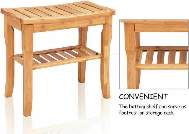 Alt view image 3 of 7 - Shower Seat Bench Bamboo Bathroom Spa Bath Organizer Stool with Storage Shelf