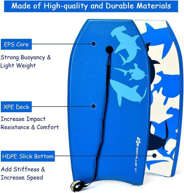 Alt view image 4 of 7 - 37" Lightweight Super Bodyboard Surfing W/Leash EPS Core Boarding Blue Shark