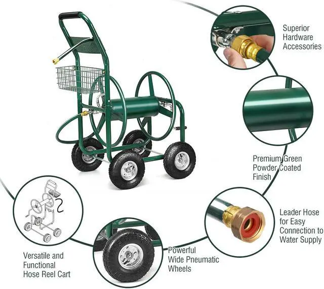Alt view image 6 of 6 - Garden Water Hose Reel Cart Holds 350ft of 5/8" Hose Outdoor Yard Planting Green