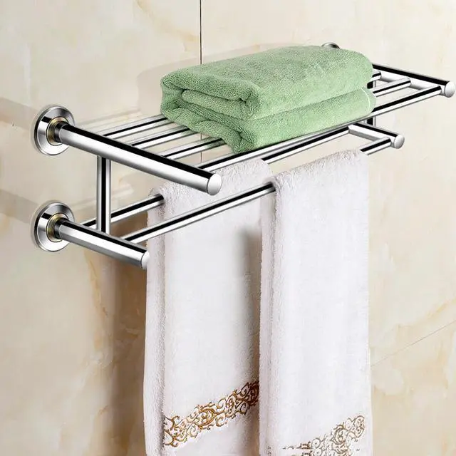 Alt view image 6 of 7 - Wall Mounted Towel Rack Rail Holder Storage Shelf Bathroom Hotel Stainless Steel
