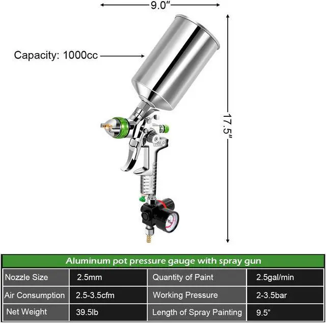 Alt view image 2 of 7 - 2.5mm HVLP Gravity Feed SPRAY GUN Kit w/Regulator Auto Paint Primer Metal Flake