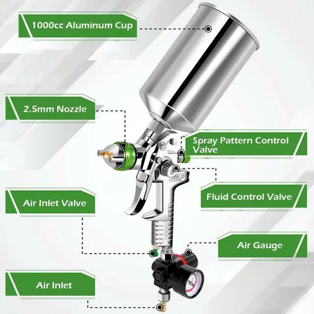 Alt view image 4 of 7 - 2.5mm HVLP Gravity Feed SPRAY GUN Kit w/Regulator Auto Paint Primer Metal Flake