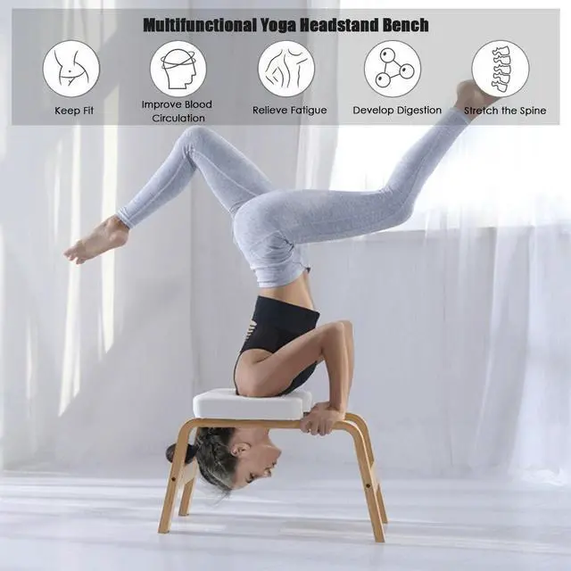 Alt view image 2 of 7 - Yoga Headstand Bench Wood Stand w/ PVC Pads for Family Gym Relieve Fatigue