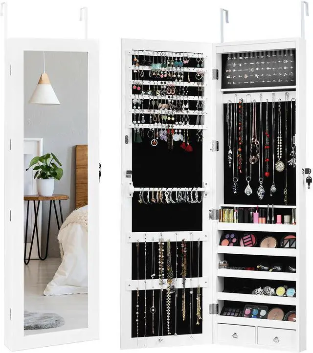 Main image of Wall Door Mounted Mirror Jewelry Cabinet Lockable Armoire Organizer w/ LED Light