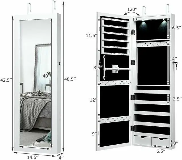 Alt view image 2 of 13 - Costway Mirror Jewelry Cabinet with Full Length Clear Mirror & Internal LED Lights Hooks