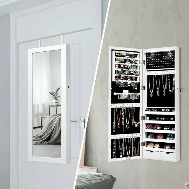 Alt view image 4 of 13 - Costway Mirror Jewelry Cabinet with Full Length Clear Mirror & Internal LED Lights Hooks