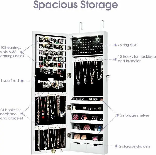 Alt view image 6 of 13 - Costway Mirror Jewelry Cabinet with Full Length Clear Mirror & Internal LED Lights Hooks