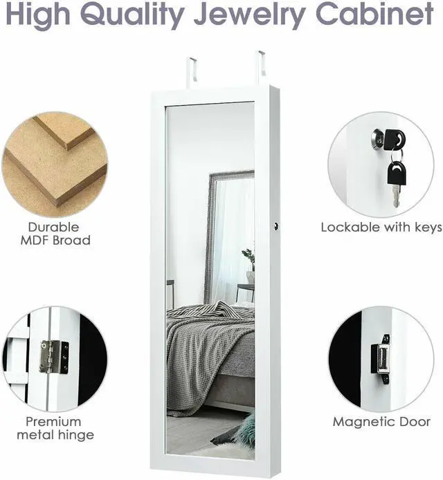 Alt view image 5 of 13 - Costway Mirror Jewelry Cabinet with Full Length Clear Mirror & Internal LED Lights Hooks