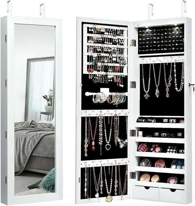 Main image of Costway Mirror Jewelry Cabinet with Full Length Clear Mirror & Internal LED Lights Hooks